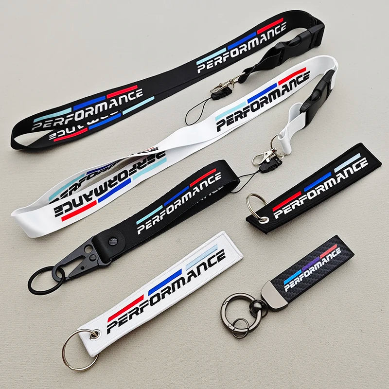 1pcs Black White Performance Logo Lanyard Nylon Printing Emblem Style Keychain For BMW M Performance E90 E60 E46 Car Accessories
