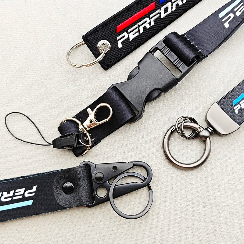 1pcs Black White Performance Logo Lanyard Nylon Printing Emblem Style Keychain For BMW M Performance E90 E60 E46 Car Accessories